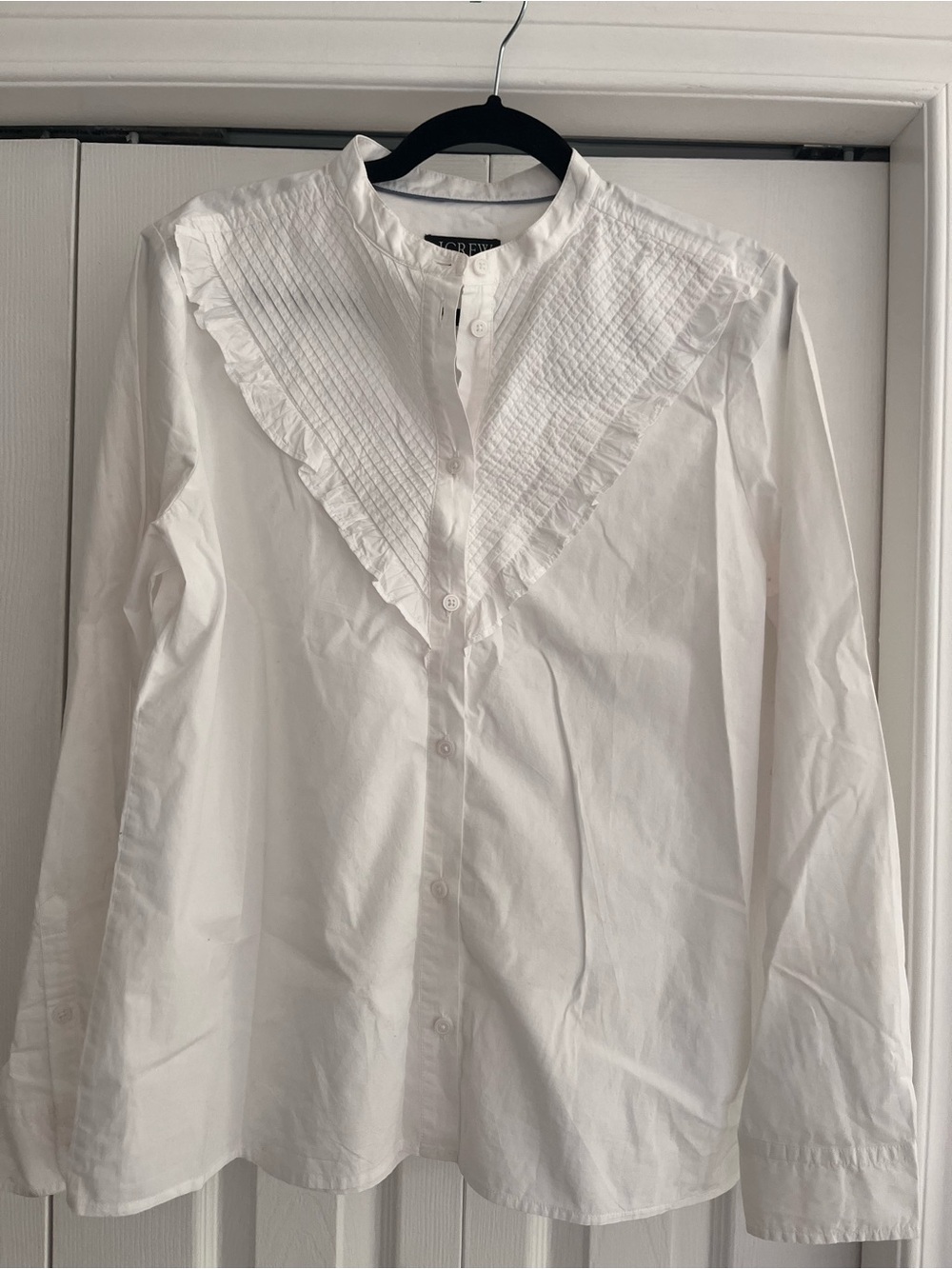 J. Crew white Ruffled Bib Button-Up Shirt, size 12.